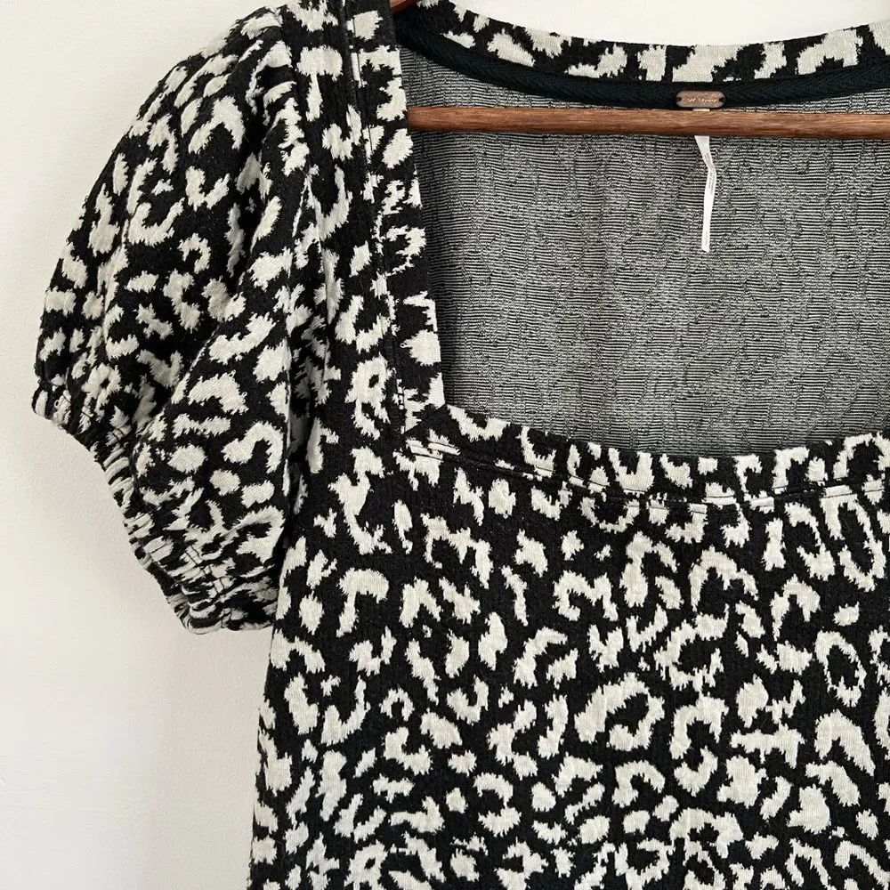 Free People No Type Leopard Print Square Neck Puff Sleeve Top Women's Small